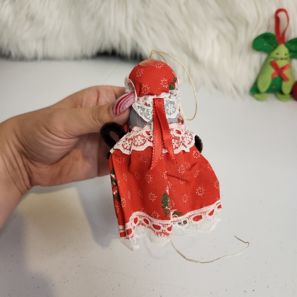 Vintage Fabric Christmas Tree Ornament Lot Mouse Cat Mice Kitsch 1980s Farmhouse - Picture 6 of 9